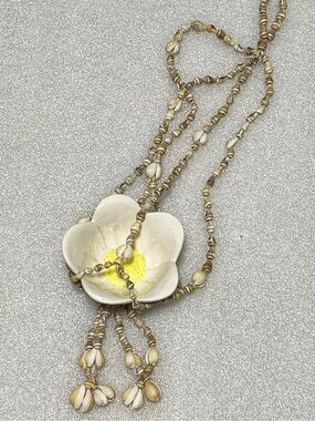 small vintage puka cowrie sea shell hanging plant hanger display